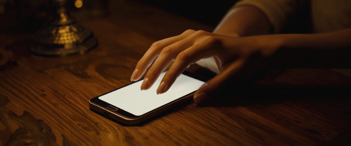 暗い部屋でスマートフォンの画面を見る手元